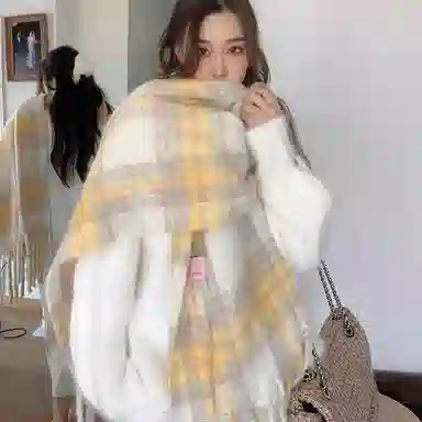 【柠檬海盐】 雅鹿优选 超显白温暖奶黄格纹加厚围巾冬季保暖流苏披肩围脖 男女同款情侣款 礼盒装 绒线围巾 男女同款情侣款