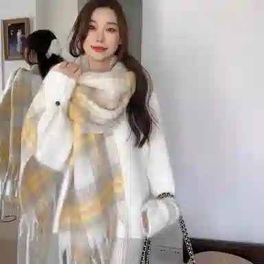 【柠檬海盐】 雅鹿优选 超显白温暖奶黄格纹加厚围巾冬季保暖流苏披肩围脖 男女同款情侣款 礼盒装 绒线围巾 男女同款情侣款