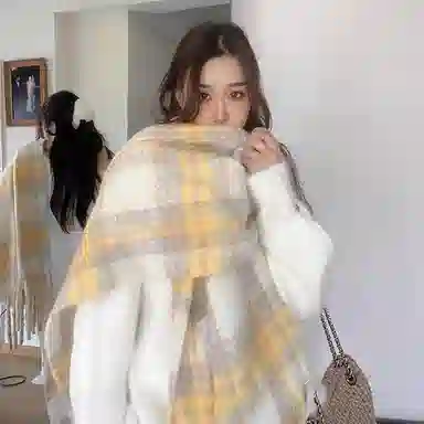 【柠檬海盐】 雅鹿优选 超显白温暖奶黄格纹加厚围巾冬季保暖流苏披肩围脖 男女同款情侣款 礼盒装 绒线围巾 男女同款情侣款