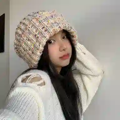 雅鹿优选 秋冬百搭毛线帽子女生大头围显脸小堆堆帽彩虹混色保暖针织套头冷帽绒线帽 涤纶 绒线帽 女款