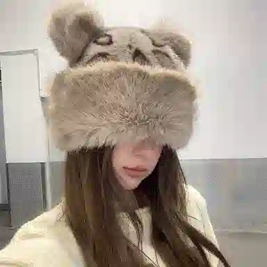 雅鹿优选 超酷辣妹复古豹纹毛绒小熊耳朵蒙古帽子女生冬季毛茸茸保暖仿皮草护耳盆帽 涤纶 绒线帽 女款