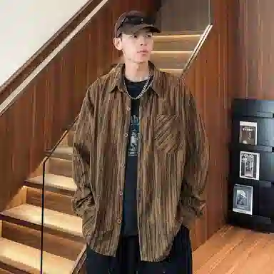 徐太浪 复古日系学院风条纹翻领单排扣落肩宽松休闲长袖衬衫 男女同款
