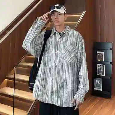 徐太浪 复古日系学院风条纹翻领单排扣落肩宽松休闲长袖衬衫 男女同款
