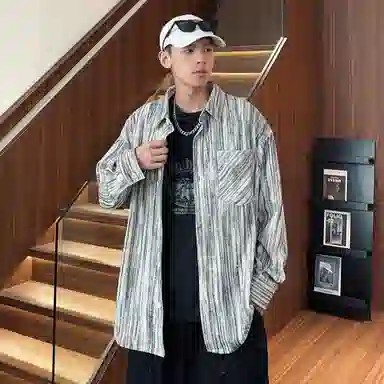 徐太浪 复古日系学院风条纹翻领单排扣落肩宽松休闲长袖衬衫 男女同款
