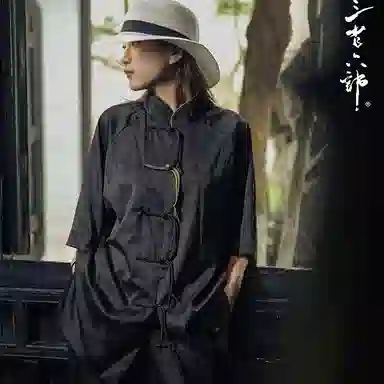 三省六部 新中式国风竹叶插肩袖手工盘扣短袖衬衫 男女同款