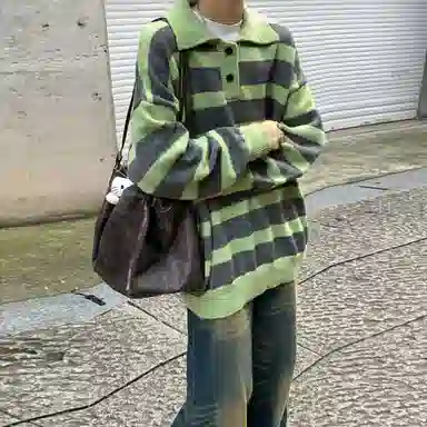 西行纪 美式复古设计感撞色条纹拼色软糯宽松舒适简约百搭休闲上衣慵懒感多巴胺色系日常穿搭保暖长袖翻领针织毛衣 男女同款