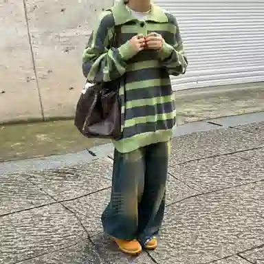 西行纪 美式复古设计感撞色条纹拼色软糯宽松舒适简约百搭休闲上衣慵懒感多巴胺色系日常穿搭保暖长袖翻领针织毛衣 男女同款