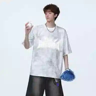 西行纪 美式高街重磅扎染满天星夜间反光刻字膜印花设计宽松百搭圆领短袖搭配经典条纹嵌条拼接冰丝直筒裤一套休闲运动套装 男女同款