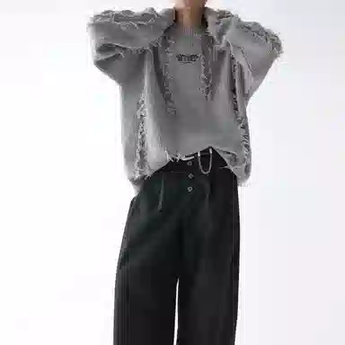 西行纪 美式复古简约毛须破边流苏不规则提花设计感软糯上衣宽松舒适休闲时尚百搭圆领套头落肩长袖毛衣 男女同款