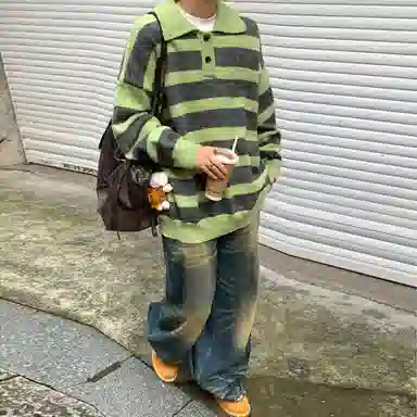 西行纪 美式复古设计感撞色条纹拼色软糯宽松舒适简约百搭休闲上衣慵懒感多巴胺色系日常穿搭保暖长袖翻领针织毛衣 男女同款