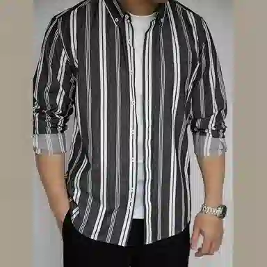 唔刃 工装美式复古宽条纹扣领长袖水洗长绒棉衬衣基础通勤男士衬衫 男款