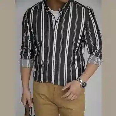 唔刃 工装美式复古宽条纹扣领长袖水洗长绒棉衬衣基础通勤男士衬衫 男款