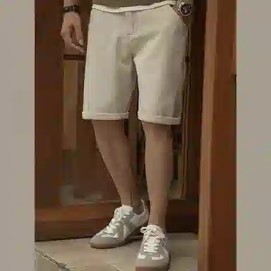 唔刃 工装阿美咔叽纯棉白胚棉仔壳丹宁五分宽松牛仔短裤 男款 白色