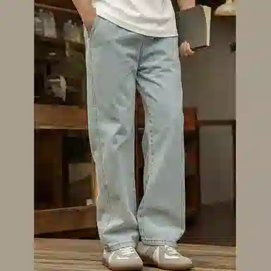 唔刃 工装美式复古重工水洗丹宁做旧宽松直筒裤子夏牛仔裤 男款