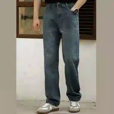 唔刃 工装裤子美式复古水洗猫须丹宁宽松中腰长裤子夏季牛仔裤 男款