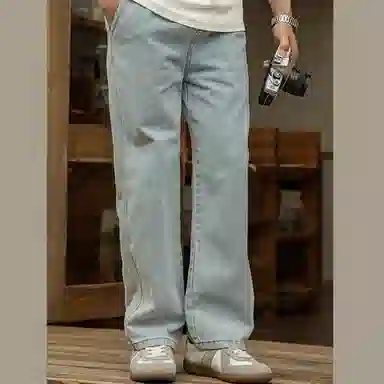 唔刃 工装美式复古重工水洗丹宁做旧宽松直筒裤子夏牛仔裤 男款