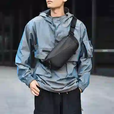 度森袋鼠 运动机能包潮流时尚多功能 尼龙 胸包腰包斜挎包 常规 男女同款情侣款 黑色/灰色