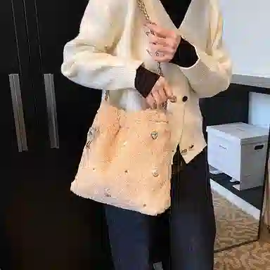 度森袋鼠 高级感时尚百搭休闲简约 毛绒 单肩包 女款 米白色/灰色/黑色/卡其色