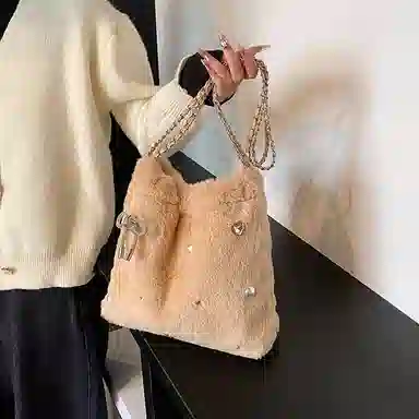 度森袋鼠 高级感时尚百搭休闲简约 毛绒 单肩包 女款 米白色/灰色/黑色/卡其色