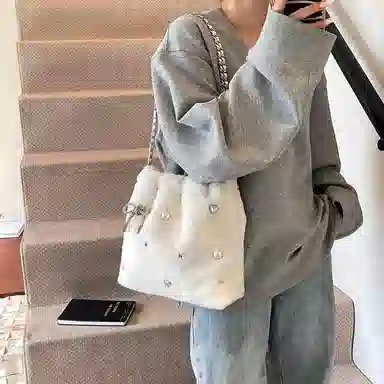 度森袋鼠 高级感时尚百搭休闲简约 毛绒 单肩包 女款 米白色/灰色/黑色/卡其色