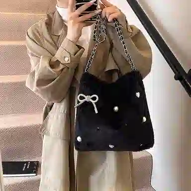 度森袋鼠 高级感时尚百搭休闲简约 毛绒 单肩包 女款 米白色/灰色/黑色/卡其色