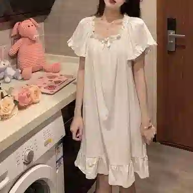 橡柠派 法式简约宫廷风蕾丝花边可爱韩版睡裙 女款 象牙白
