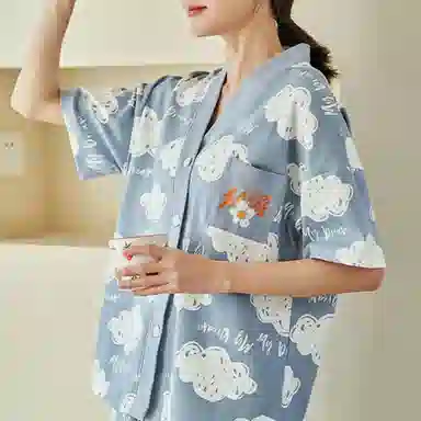 橡柠派 可爱云朵开衫睡衣套装 女款 天蓝色