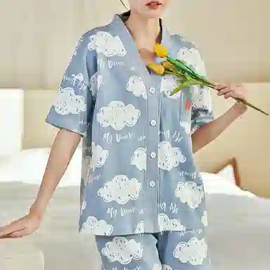 橡柠派 可爱云朵开衫睡衣套装 女款 天蓝色