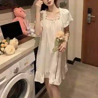 橡柠派 法式简约宫廷风蕾丝花边可爱韩版睡裙 女款 象牙白