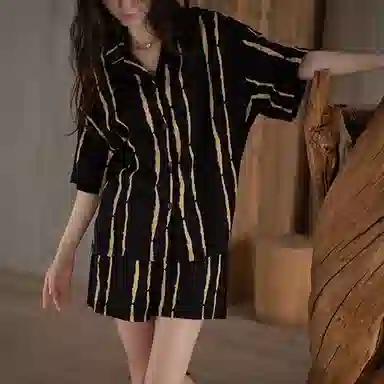 橡柠派 韩版极简条纹睡衣套装 女款 高级黑