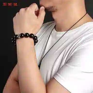 石头记 国朝复古新中式招财 时尚简约黑色百搭 转运珠时来运转 黑曜石 玉石手串 男女同款情侣款