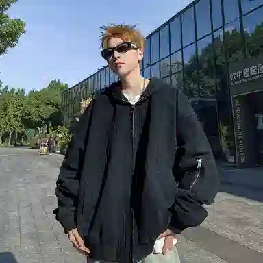 零氏 港风简约纯色重工宽松水洗潮流时尚百搭舒适运动连帽夹克外套 男女同款