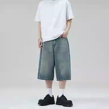 零氏 夏季美式复古潮流水洗做旧基础款高街潮牌宽松百搭休闲显瘦直筒阔腿七分牛仔短裤 男女同款