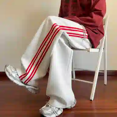 零氏 美式潮牌拼接条纹撞色舒适百搭卫裤垂感拖地宽松阔腿休闲裤 男女同款