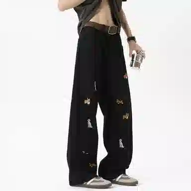 零氏 美式复古潮流小狗刺绣中腰阔腿时尚宽松长裤直筒牛仔裤 男女同款