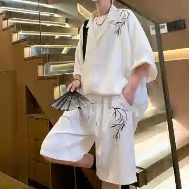 零氏 新中式国风墨竹古风唐装设计休闲日常薄款凉感短袖衬衫套装 男女同款