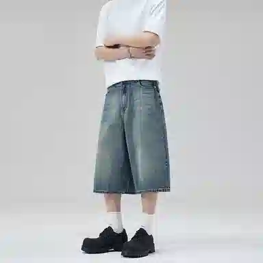 零氏 夏季美式复古潮流水洗做旧基础款高街潮牌宽松百搭休闲显瘦直筒阔腿七分牛仔短裤 男女同款