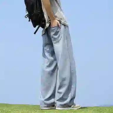 零氏 复古美式水洗抽绳做旧宽松拖地薄款牛仔裤 男女同款