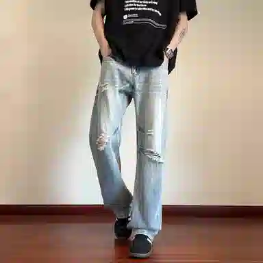 零氏 设计感水洗做旧复古美式高街休闲百搭宽松时尚直筒微喇牛仔裤 男女同款