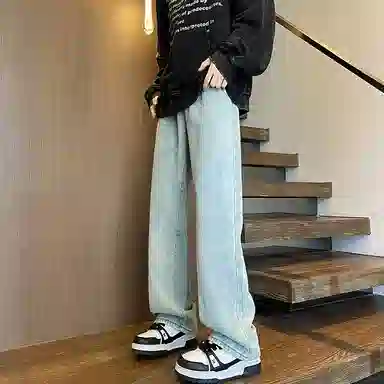 零氏 美式复古潮流水洗做旧简约基础款长裤高街潮牌宽松百搭舒适休闲微喇直筒阔腿牛仔裤 男女同款