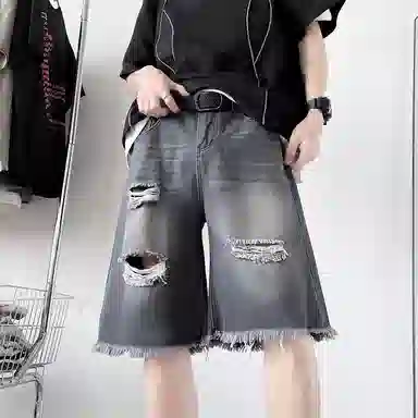 零氏 美式潮牌复古水洗做旧不规则破洞毛边宽松个性中腰舒适百搭通勤休闲阔腿裤五分裤牛仔短裤 男女同款