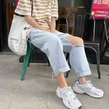 零氏  美式复古水洗膝盖破洞垂感宽松阔腿休闲薄款牛仔裤 男女同款