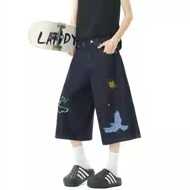 零氏 美式复古趣味刺绣百搭时尚休闲高街七分裤牛仔短裤 男女同款