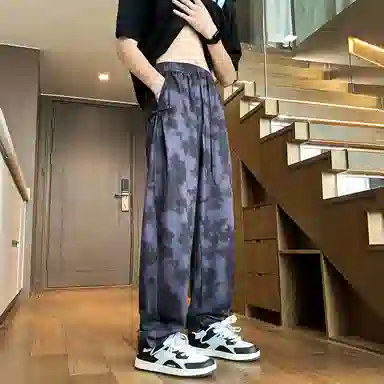 零氏 新中式冰丝渐变复古脏脏库口做旧脏脏染宽松凉感百搭直筒透气美式高街嘻哈扎染国风侧面盘扣系带垂感休闲裤 男女同款