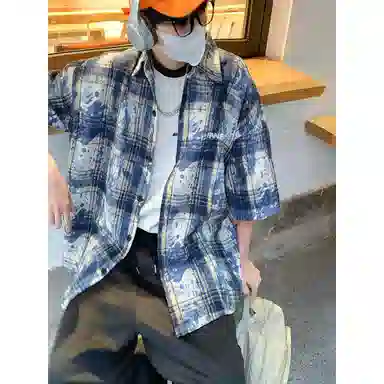 零氏 美式复古扎染刺绣格子薄款宽松休闲高级感痞帅短袖衬衫 男女同款