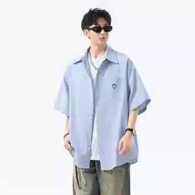 零氏 美式复古潮流笑脸刺绣设计透气柔软亲肤高级感慵懒休闲宽松百搭户外条纹短袖衬衫 男女同款