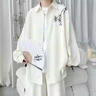 零氏 美式复古简约纯色宽松翻领单排扣落肩袖植物花卉设计凉感开衫舒适透气休闲时尚百搭无性别主义长袖衬衫 男女同款