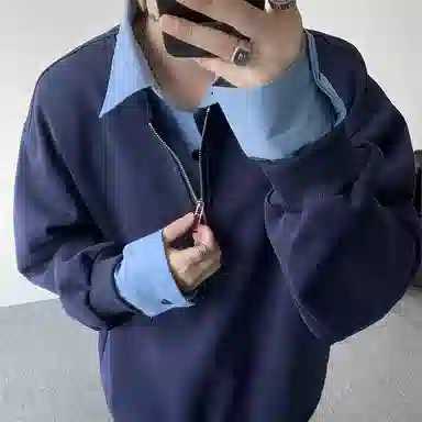 零氏 撞色衬衫领假两件设计宽松套头半拉链卫衣 男女同款