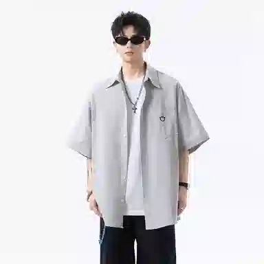 零氏 美式复古潮流笑脸刺绣设计透气柔软亲肤高级感慵懒休闲宽松百搭户外条纹短袖衬衫 男女同款
