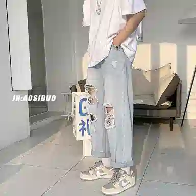零氏 破洞垂感宽松阔腿休闲薄款 牛仔裤 男女同款
